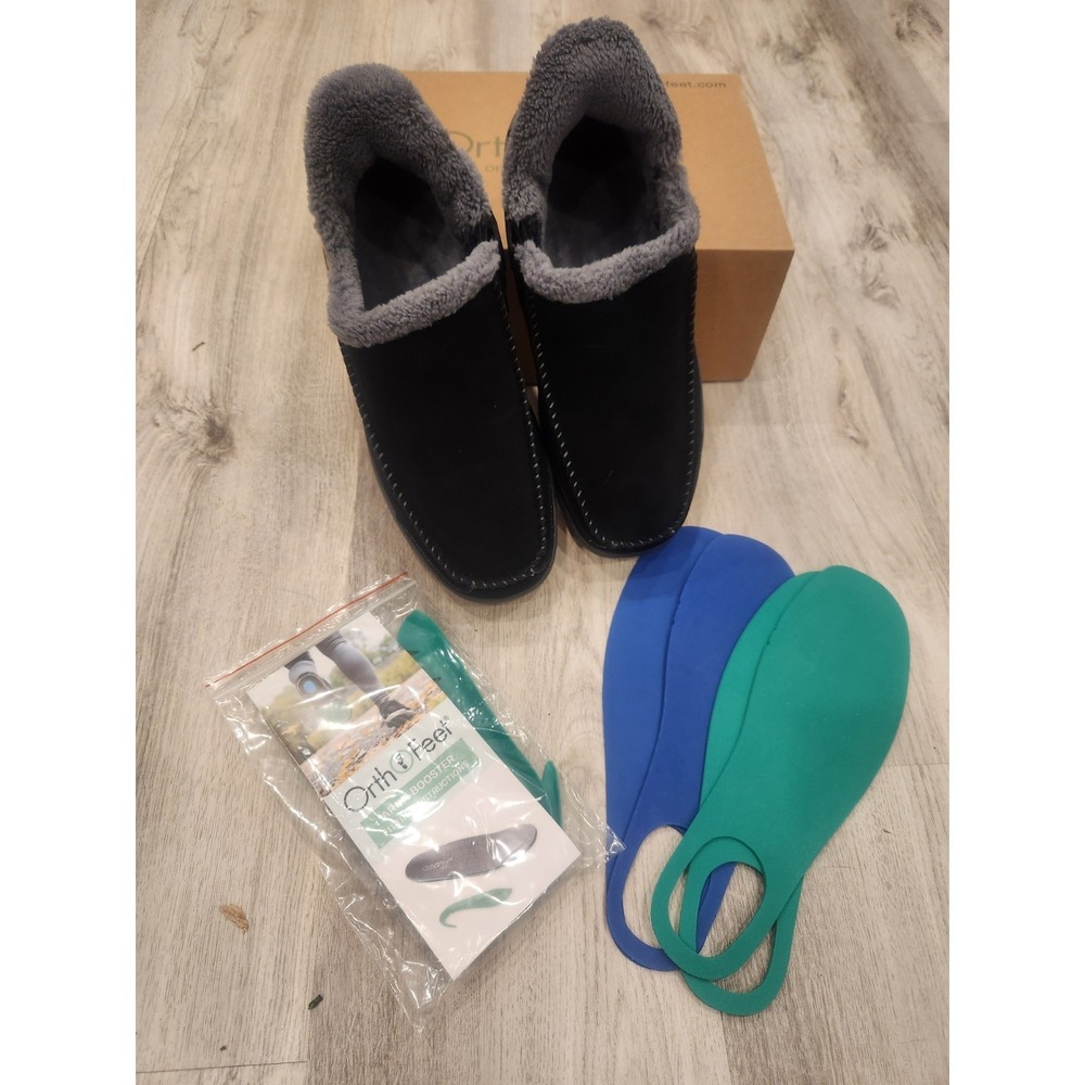 OrthoFeet Vito Mens 11.5 4E Hands Free Slip On Slippers Leather Faux Fur Lined